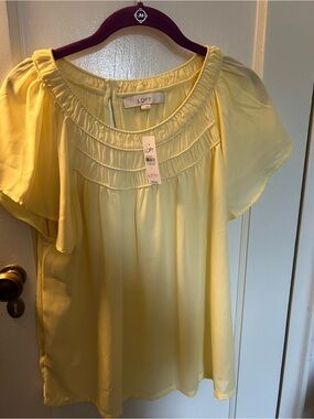 LOFT Pale Yellow Flutter Sleeve Ruffle Yoke Blouse